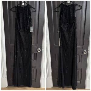 NWT Adrianna Papell beaded halter gown dress in black
